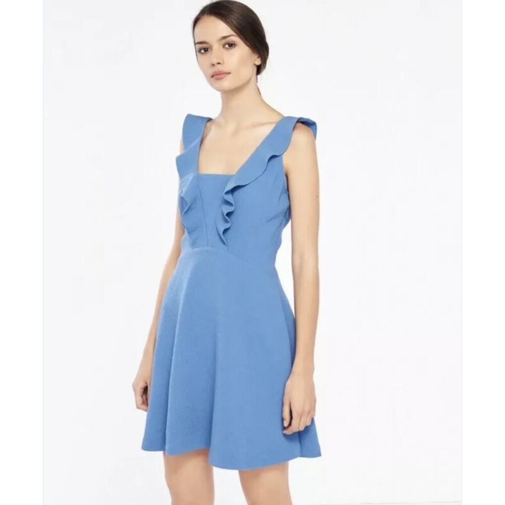 Sandro 3/Large Helen Ruffled Dress Blue Textured Flared V Neck Sleeveless